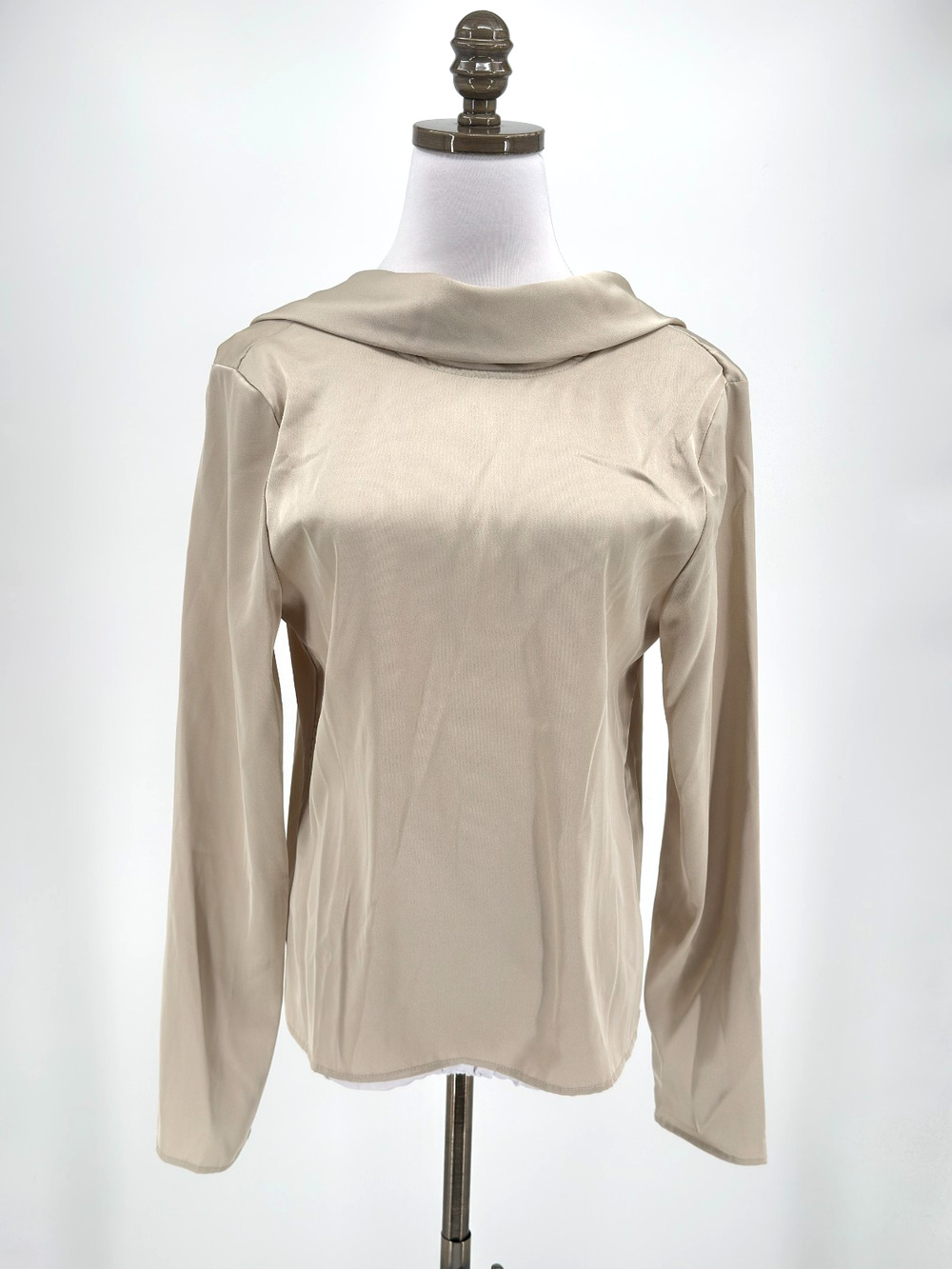 Source Unknown Amia Beige Satin Cowl Neck Long Sleeve Blouse Top Sz XS/S